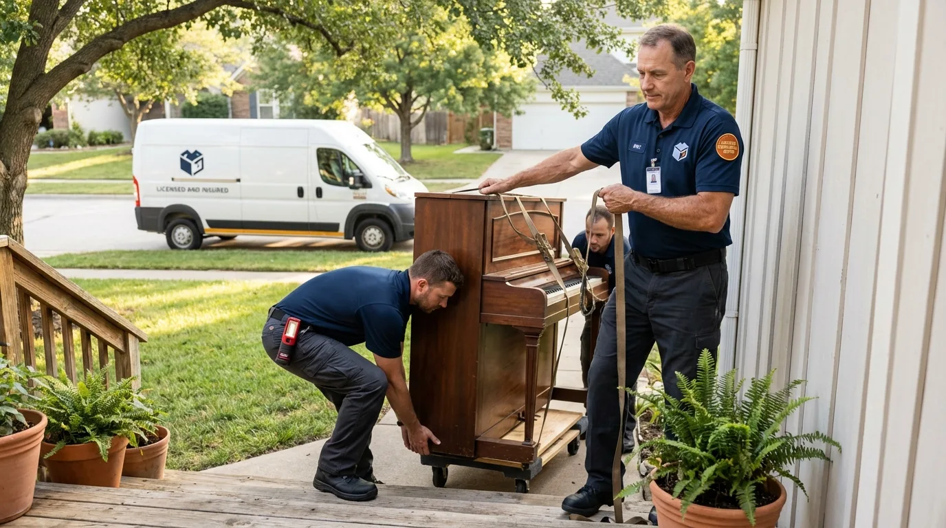 Licensed piano movers securing grand piano in Watervliet, MI