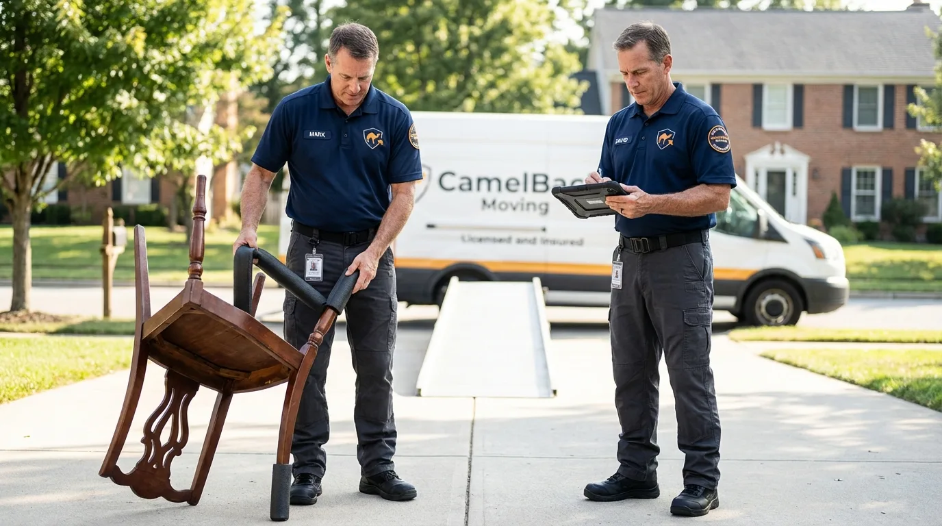 Movers inspecting furniture for damage prevention before loading in Watervliet, MI
