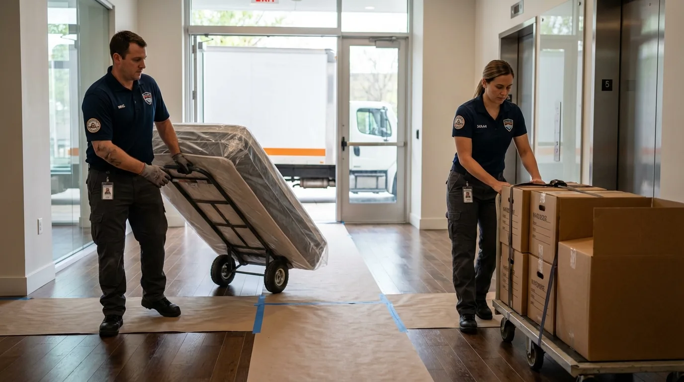 Professional apartment movers loading elevator in Watervliet, MI