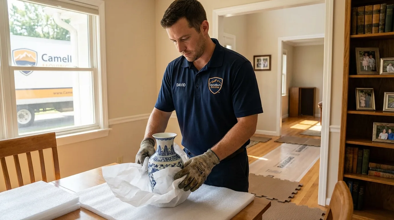 Professional crew carefully wrapping antique vase for senior downsizing move in Watervliet, MI