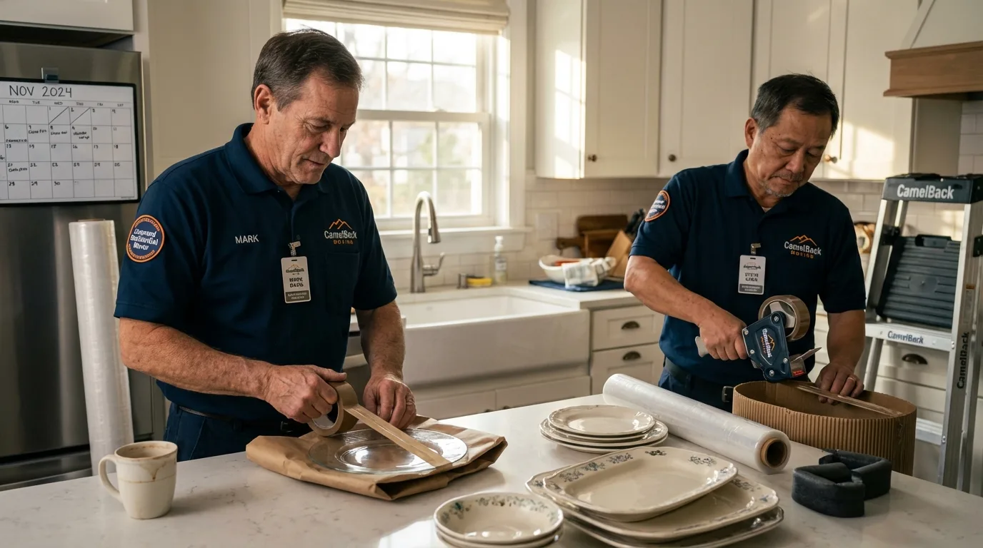 Professional crew packing kitchen dishware in Watervliet, MI